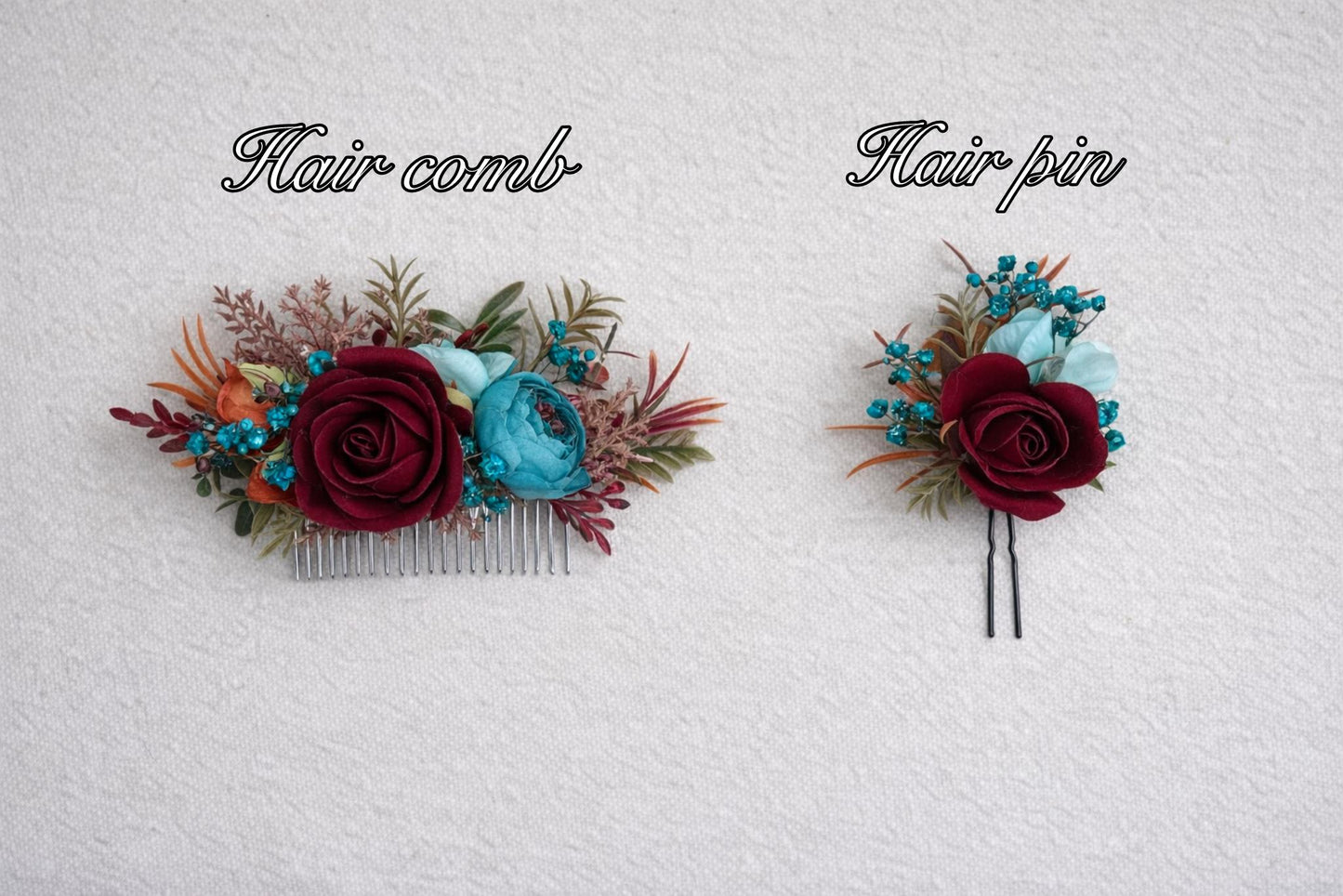 Burgundy Teal Hair Comb, Wedding Burnt Orange Teal Blue Hair Piece Bridal, Hair Accessories Artificial Flowers