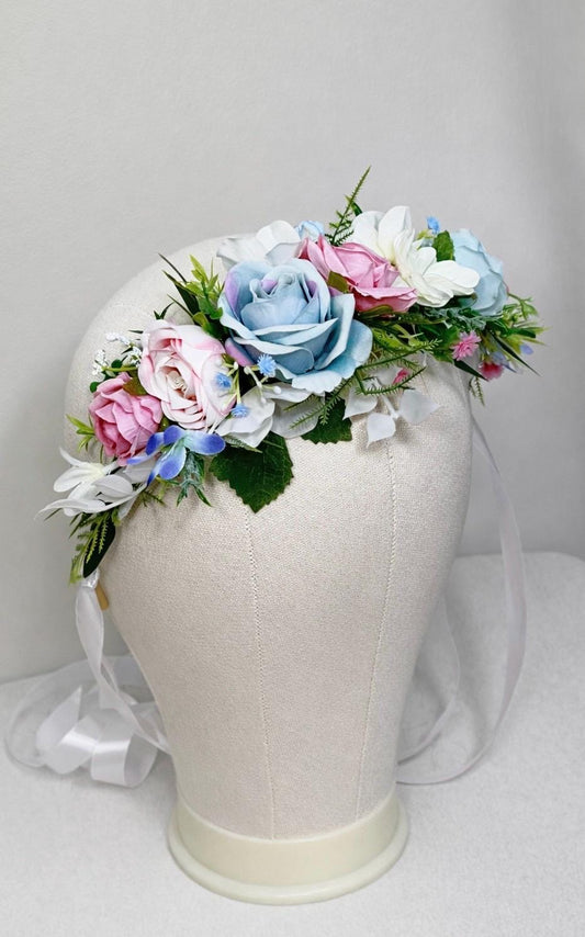 Blue Pink Flower Crown, Wedding Pastel Bridal HeadPiece, Spring Hair Wreath, White Sky Blue Blush Floral Crown Reddit