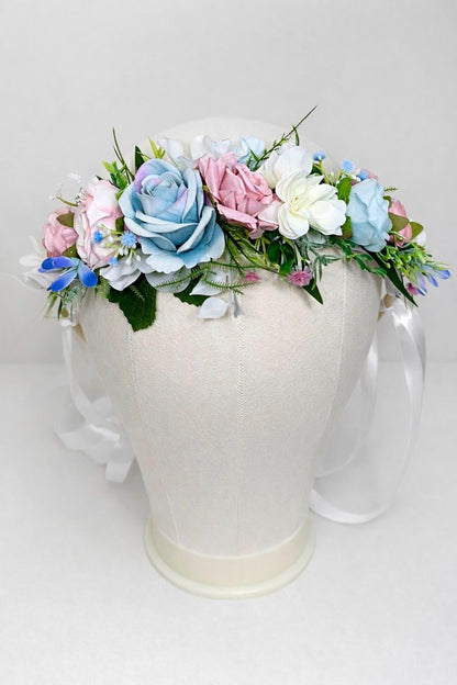 Blue Pink Flower Crown, Wedding Pastel Bridal HeadPiece, Spring Hair Wreath, White Sky Blue Blush Floral Crown