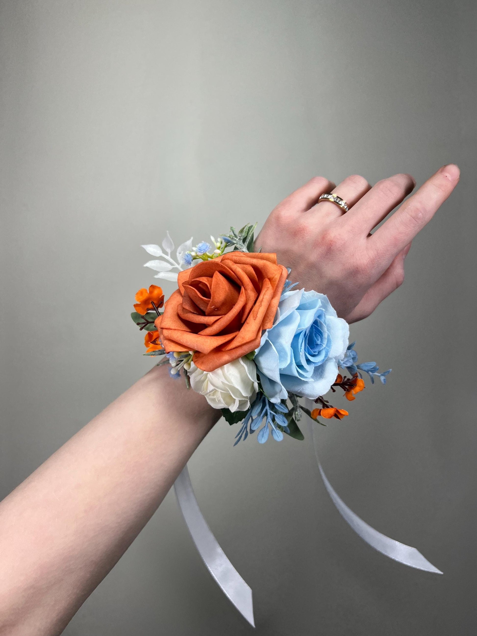 Burnt Orange Light Blue Corsage, Wedding Bridesmaids Terracotta White Sky Blue Wrist Corsage