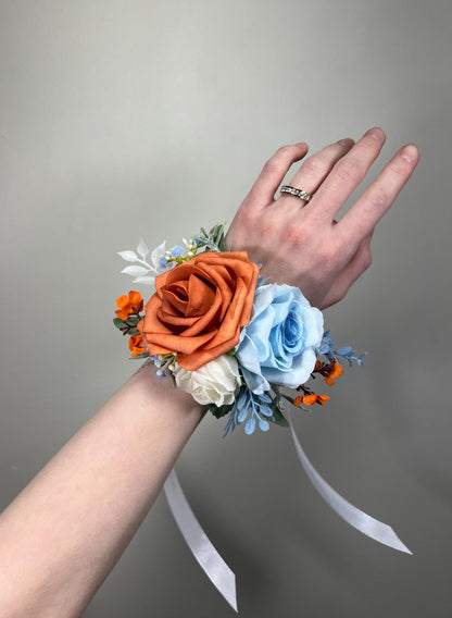 Burnt Orange Light Blue Corsage, Wedding Bridesmaids Terracotta White Sky Blue Wrist Corsage
