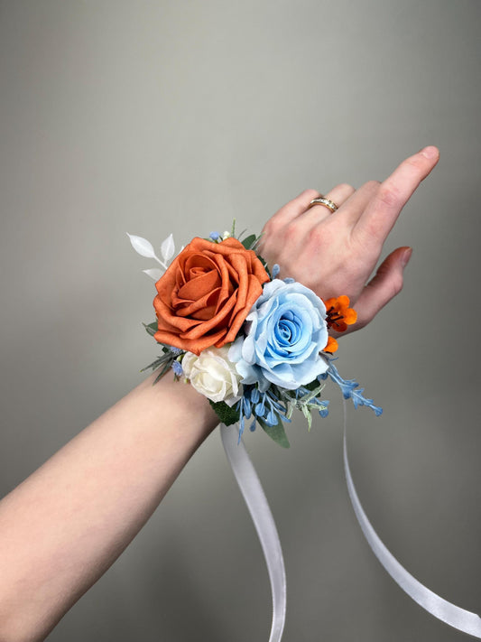 Burnt Orange Light Blue Corsage, Wedding Bridesmaids Terracotta White Sky Blue Wrist Corsage