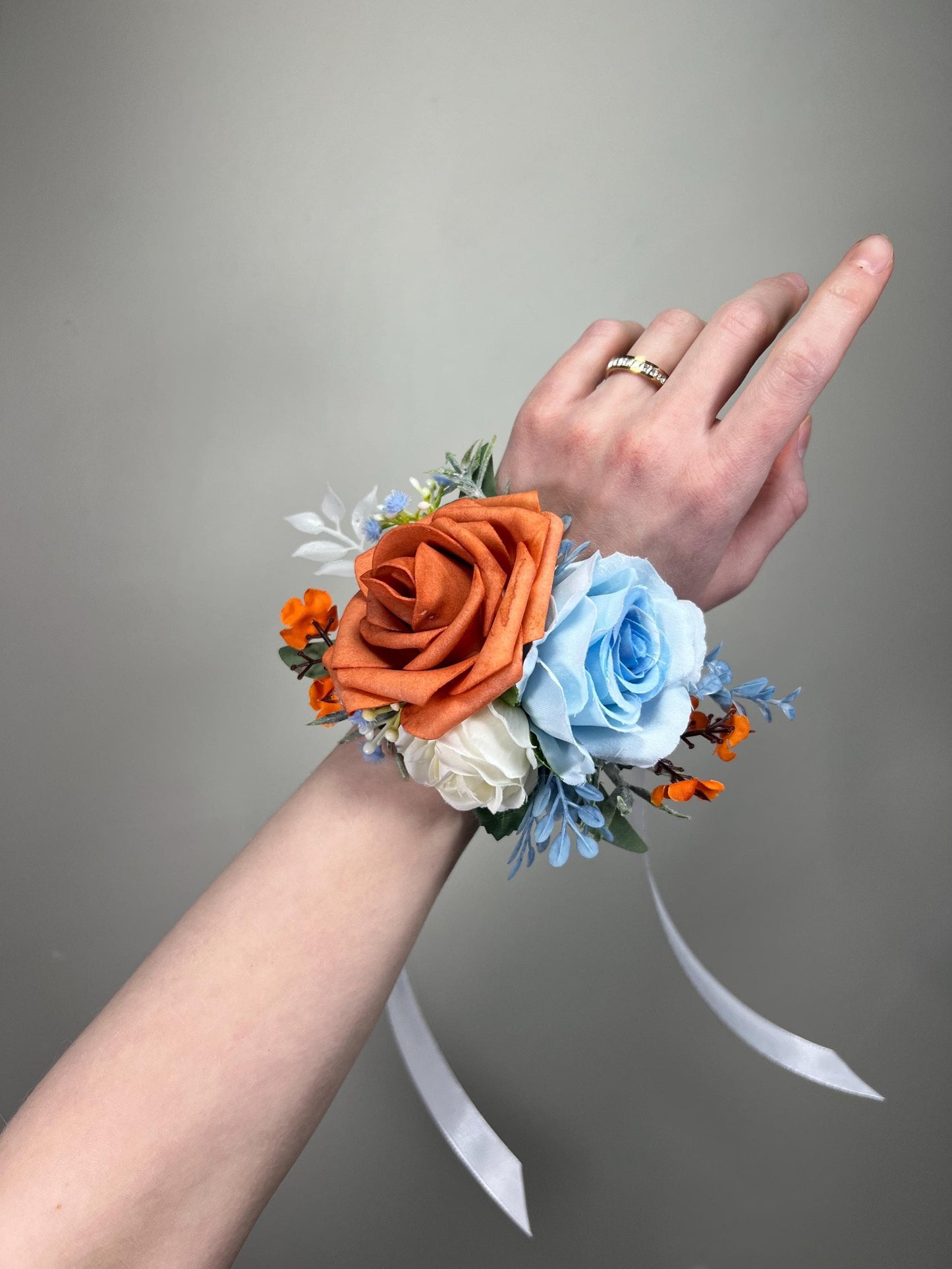 Burnt Orange Light Blue Corsage, Wedding Bridesmaids Terracotta White Sky Blue Wrist Corsage