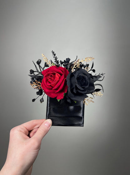 Black Red Pocket Boutonnière, Wedding Gothic Groom Groomsmen Square Boutonnière