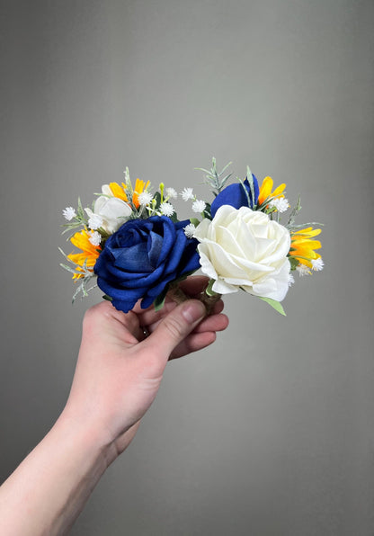 Dark Blue White Boutonnière, Wedding Groom Groomsmen Navy Blue Royal Yellow Sunflowers