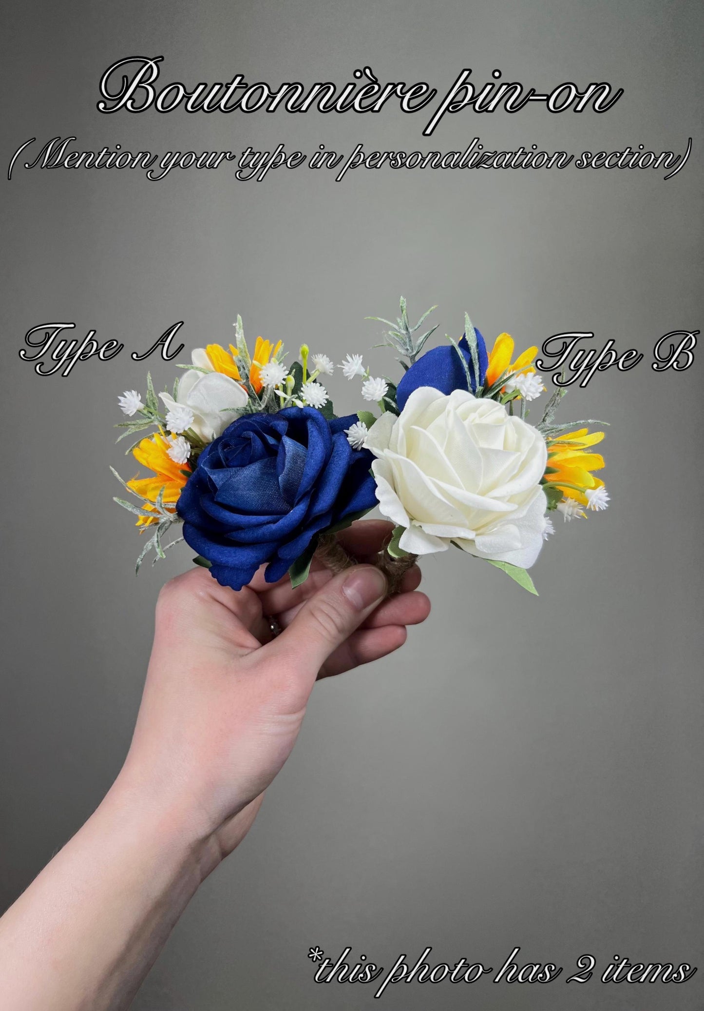 Dark Blue White Boutonnière, Wedding Groom Groomsmen Navy Blue Royal Yellow Sunflowers