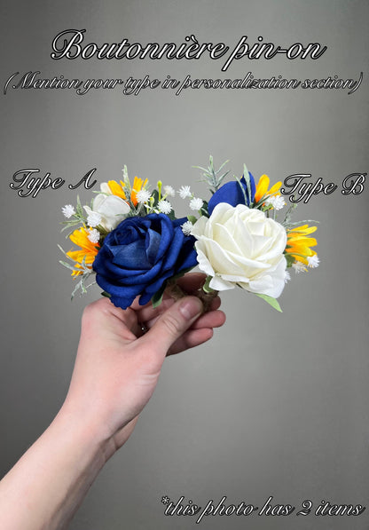 Sunflower Navy Blue Pocket Boutonniere Wedding Sunflowers Navy Blue Yellow Sunflowers White Groom Boutonniere Groomsmen Father Artificial