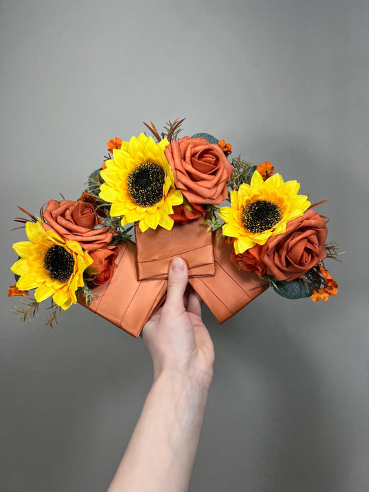 Sunflower Pocket Boutonniere, Burnt Orange Fall Wedding Groom Flower, Rustic Terracotta Groomsmen Pocket Square
