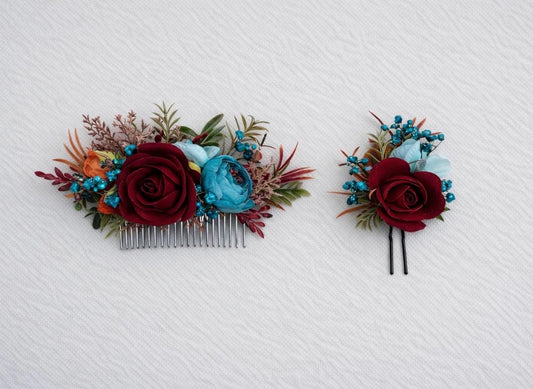 Burgundy Teal Blue Hair Pin, Wedding Burnt Orange Teal Hair Piece Bridal, Hair Accessories Artificial Flowers