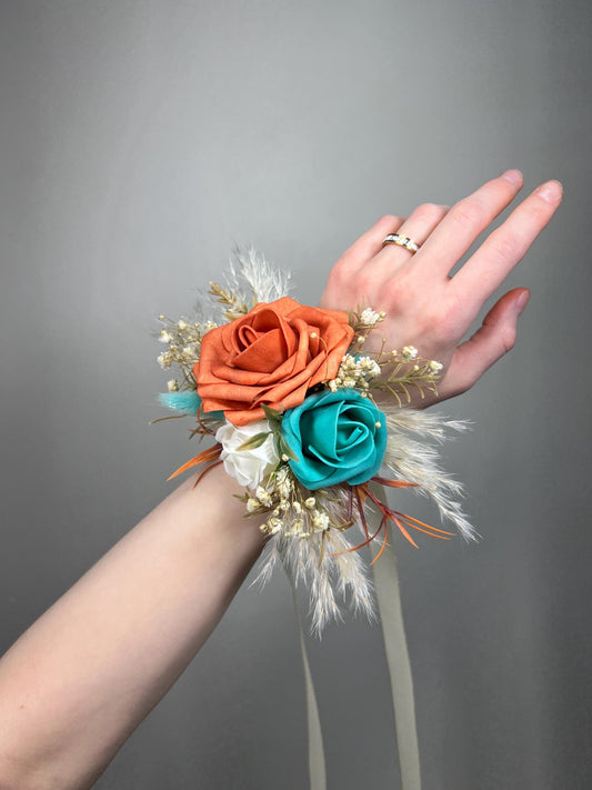 Orange Teal Wrist Corsage, Wedding Terracotta Turquoise Boho Bridesmaids Corsage, Teal Aqua Blue Burnt Orange Reddit