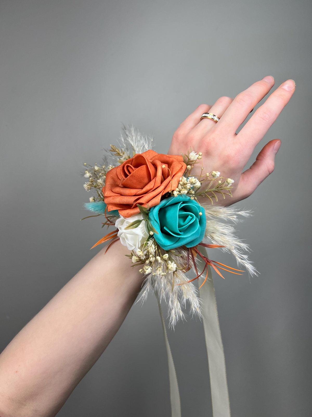 Orange Teal Wrist Corsage, Wedding Terracotta Turquoise Boho Bridesmaids Corsage, Teal Aqua Blue Burnt Orange Reddit
