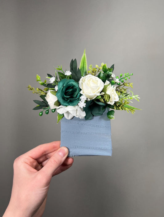 Green White Pocket Boutonnière, Wedding Groom Rustic Square Boutonnière, Emerald Green Forest Groomsmen Boutonnière