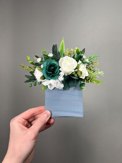 Green White Pocket Boutonnière, Wedding Groom Rustic Square Boutonnière, Emerald Green Forest Groomsmen Boutonnière