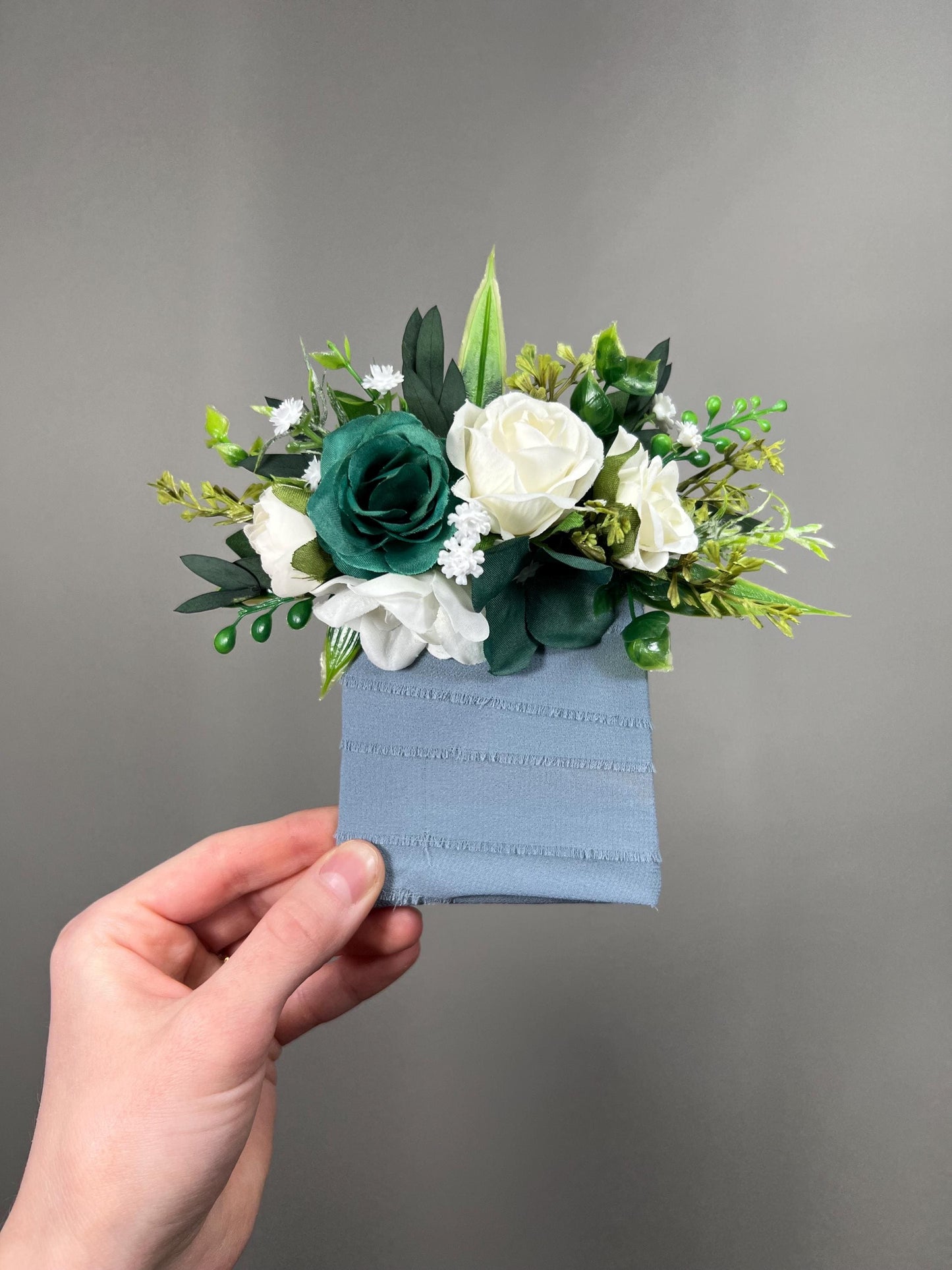 Green White Pocket Boutonnière, Wedding Groom Rustic Square Boutonnière, Emerald Green Forest Groomsmen Boutonnière