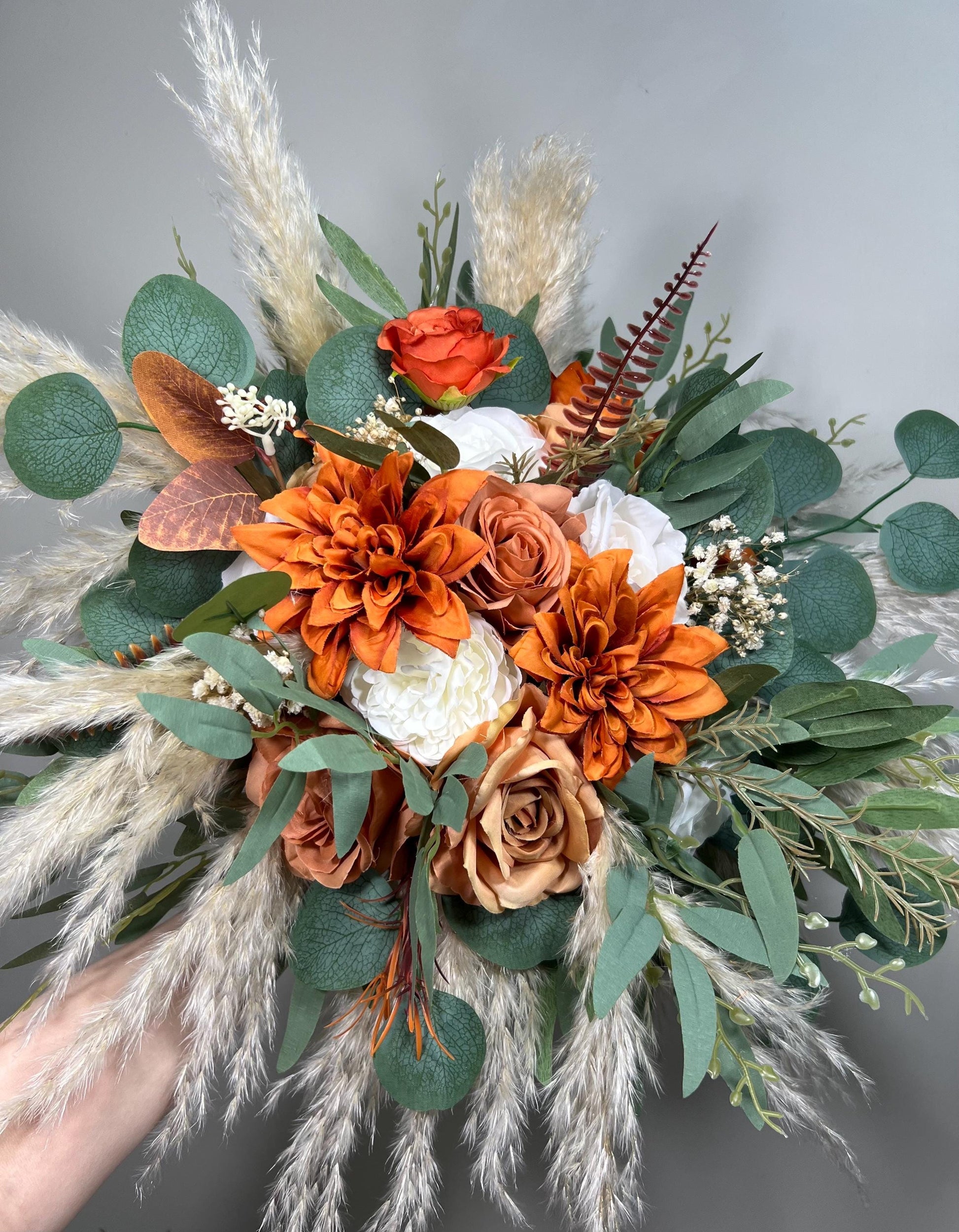 Orange Bridal Bouquet, Terracotta White Boho Bouquet, Bridesmaids Burnt Orange Pampas Grass