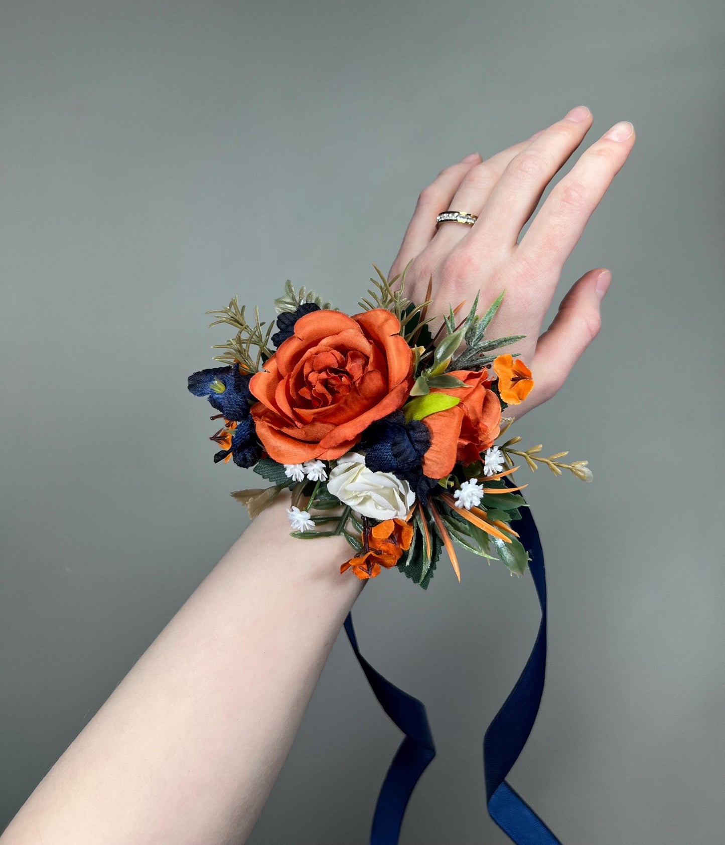 Orange Navy Blue Wrist Corsage, Terracotta Dark Blue Bridesmaid Flower, Rustic Burnt Orange Fall Wedding Corsage