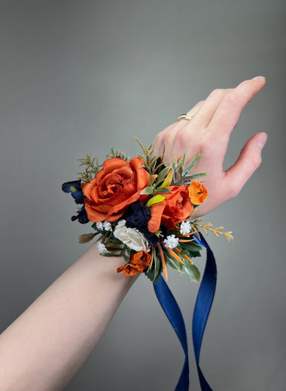 Orange Navy Blue Wrist Corsage, Terracotta Dark Blue Bridesmaid Flower, Rustic Burnt Orange Fall Wedding Corsage