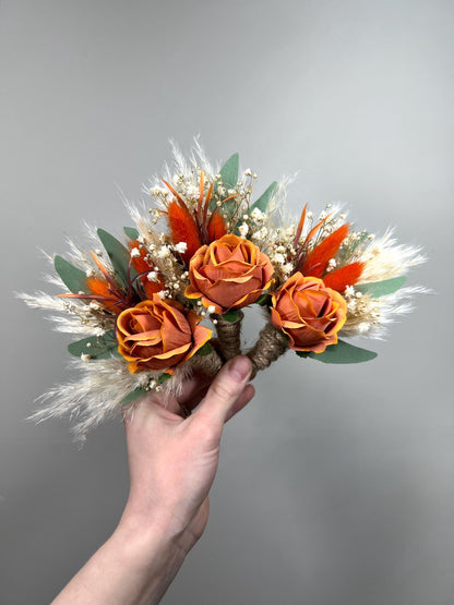 Burnt Orange Boutonniere, Boho Wedding Groom Flower, Terracotta Groomsmen Buttonhole Pampas Grass