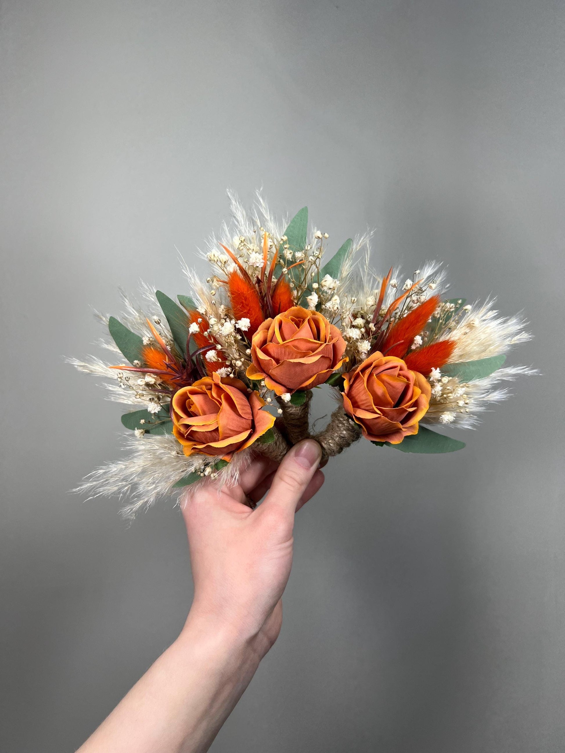 Burnt Orange Boutonniere, Boho Wedding Groom Flower, Terracotta Groomsmen Buttonhole Pampas Grass