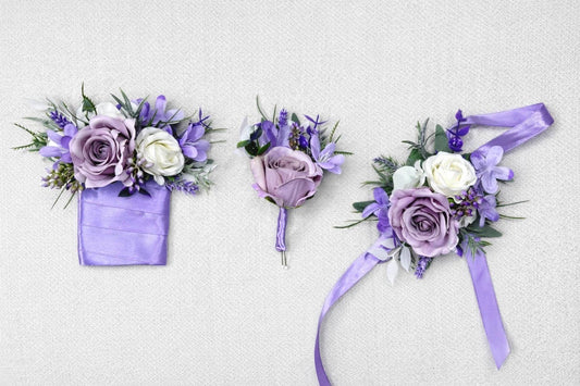 Lavender Wedding Boutonnière, Wedding Groom Light Purple White Boutonnière Pin-on, Lilac Groomsmen Flower Lapel