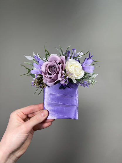 Lavender Pocket Boutonnière, Wedding Groom Light Purple White Square Boutonnière, Lilac Groomsmen Flower