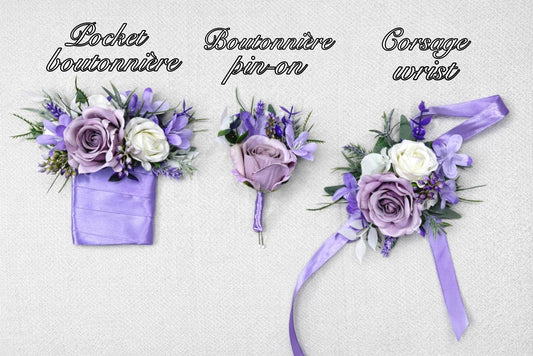 Lavender Pocket Boutonnière, Wedding Groom Light Purple White Square Boutonnière, Lilac Groomsmen Flower
