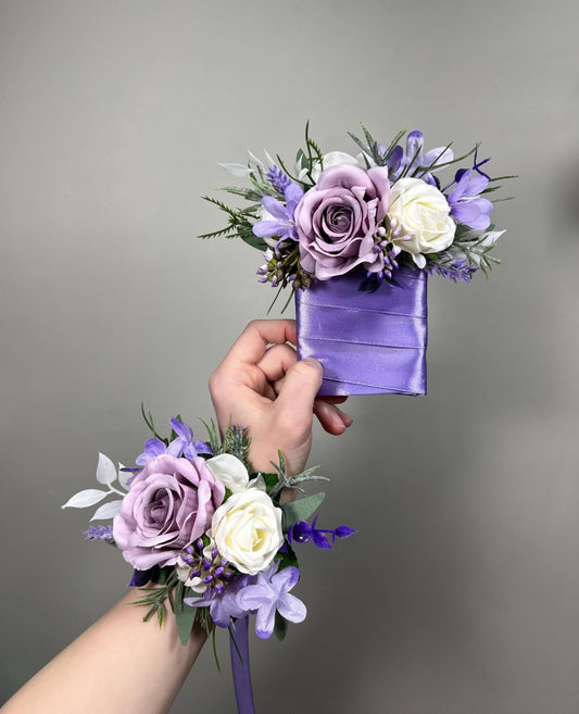 Lavender Wedding Boutonnière, Wedding Groom Light Purple White Boutonnière Pin-on, Lilac Groomsmen Flower Lapel