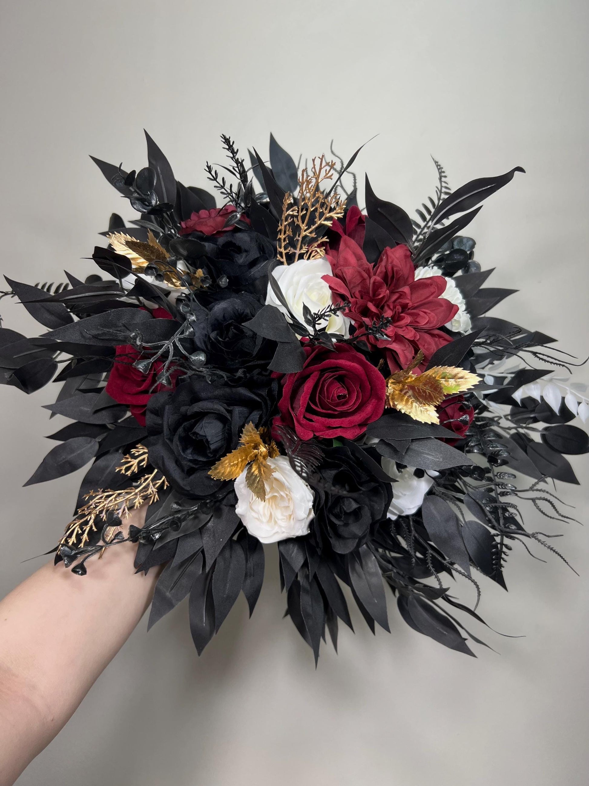 Black Burgundy Bouquet, Wedding Bridal Gothic Black White Gold Burgundy Bouquet