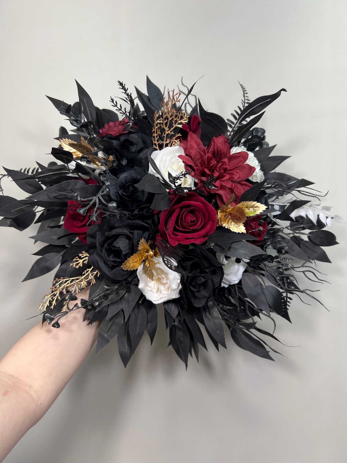 Black Burgundy Bouquet, Wedding Bridal Gothic Black White Gold Burgundy Bouquet