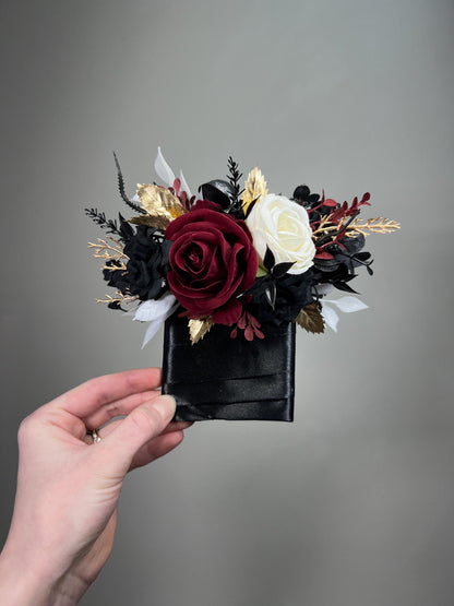 Black Burgundy Pocket Boutonniere, Wedding Gothic White Black Groom Groomsmen Square Boutonniere