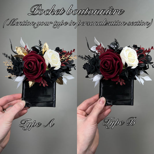 Black Burgundy Pocket Boutonniere, Wedding Gothic White Black Groom Groomsmen Square Boutonniere