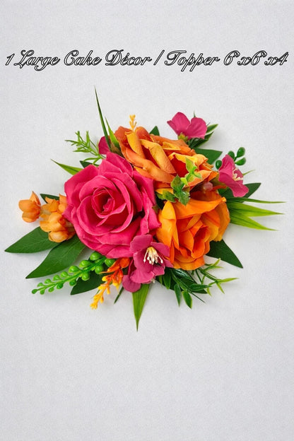 Hot Pink Orange Cake Decor, Wedding Fuchsia Bright Orange Cake Flowers, Tropical Artificial Flowers Cake Topper