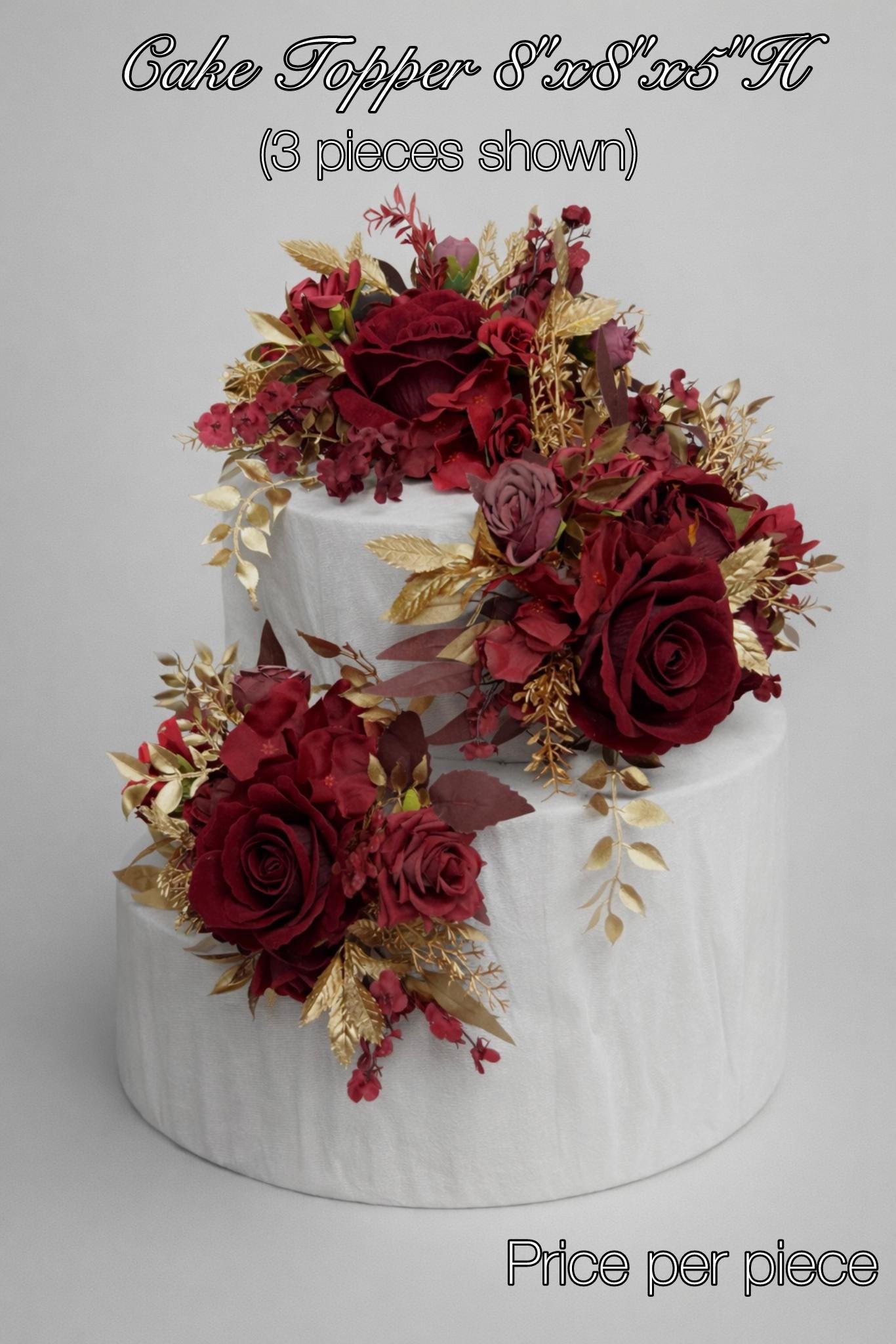 Burgundy Gold Cake Flowers, Wedding Dark Red Roses Cake Topper, Maroon Cake Arrangements Artificial Flowers