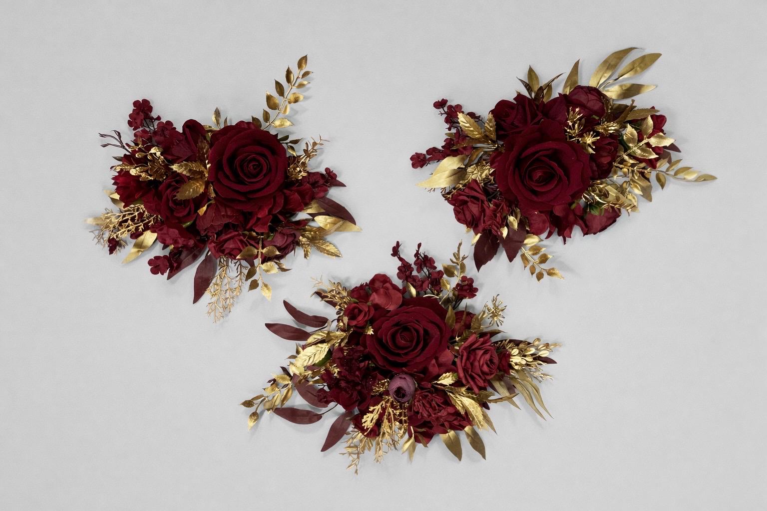 Burgundy Gold Cake Flowers, Wedding Dark Red Roses Cake Topper, Maroon Cake Arrangements Artificial Flowers