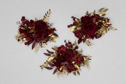 Burgundy Gold Cake Flowers, Wedding Dark Red Roses Cake Topper, Maroon Cake Arrangements Artificial Flowers