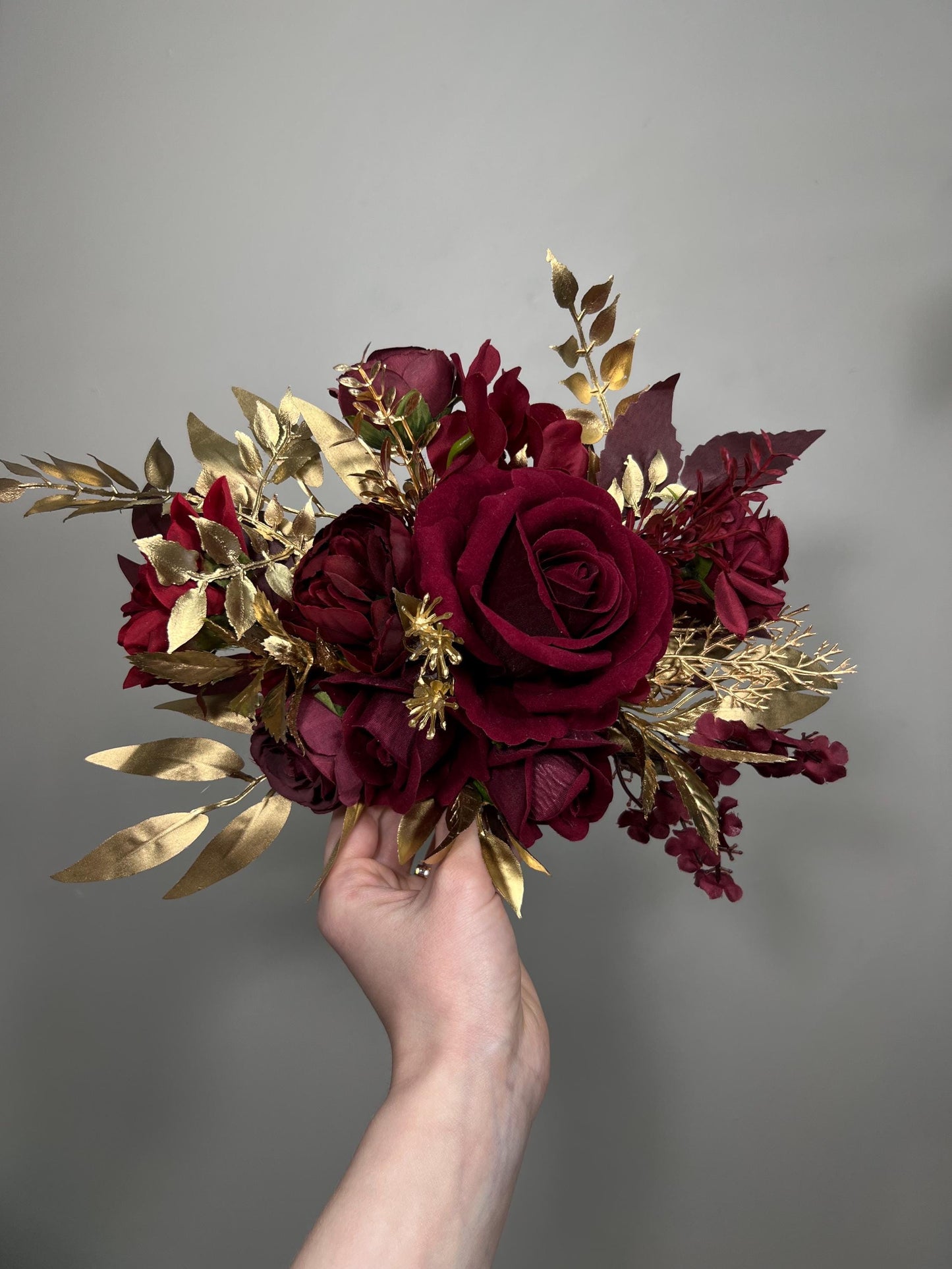 Burgundy Gold Cake Flowers, Wedding Dark Red Roses Cake Topper, Maroon Cake Arrangements Artificial Flowers