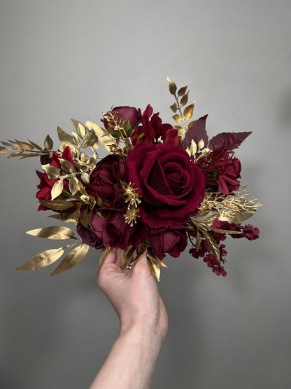 Burgundy Gold Cake Flowers, Wedding Dark Red Roses Cake Topper, Maroon Cake Arrangements Artificial Flowers