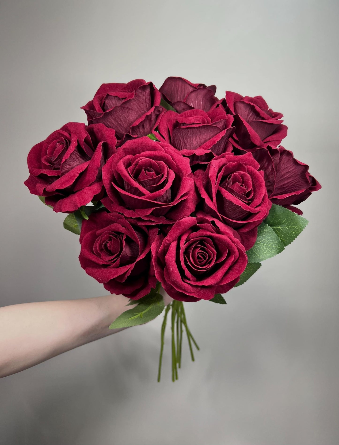 Burgundy Artificial Rose, Wedding Realistic Dark Red Velvet Rose Heads with Stem Leaves, Craft Supplies Flowers Faux