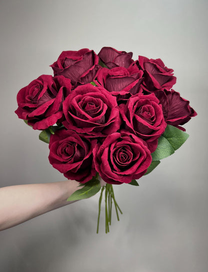 Burgundy Artificial Rose, Wedding Realistic Dark Red Velvet Rose Heads with Stem Leaves, Craft Supplies Flowers Faux