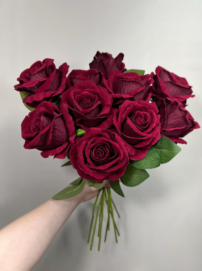 Burgundy Artificial Rose, Wedding Realistic Dark Red Velvet Rose Heads with Stem Leaves, Craft Supplies Flowers Faux