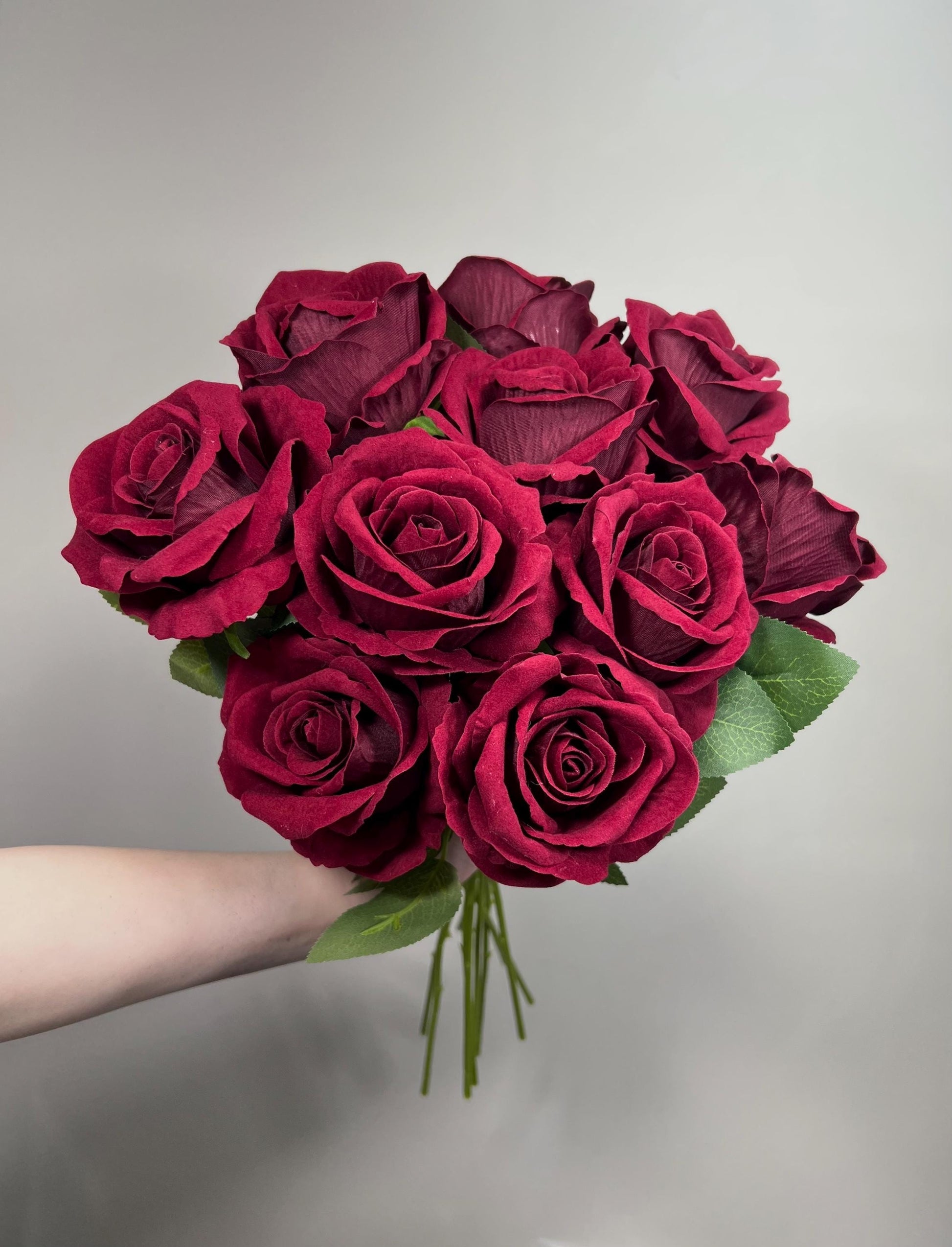 Burgundy Artificial Rose, Wedding Realistic Dark Red Velvet Rose Heads with Stem Leaves, Craft Supplies Flowers Faux
