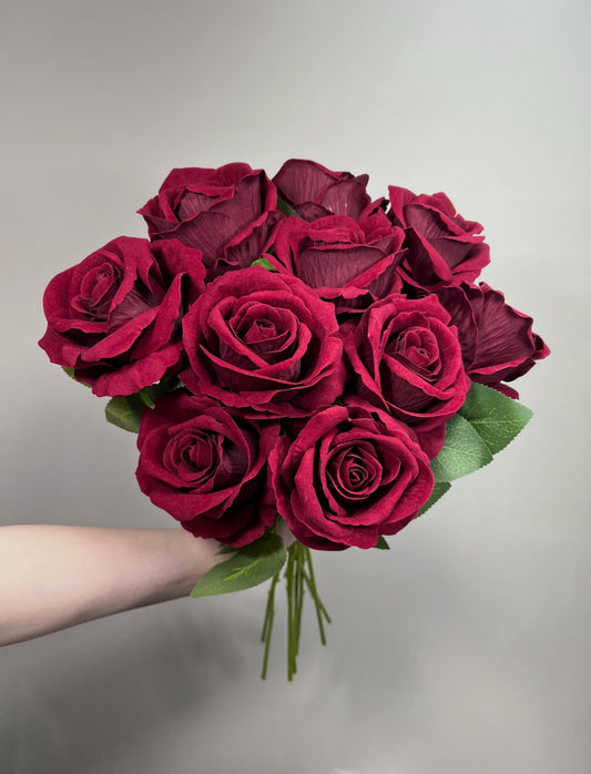 Burgundy Artificial Rose, Wedding Realistic Dark Red Velvet Rose Heads with Stem Leaves, Craft Supplies Flowers Faux