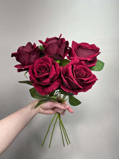 Burgundy Artificial Rose, Wedding Realistic Dark Red Velvet Rose Heads with Stem Leaves, Craft Supplies Flowers Faux