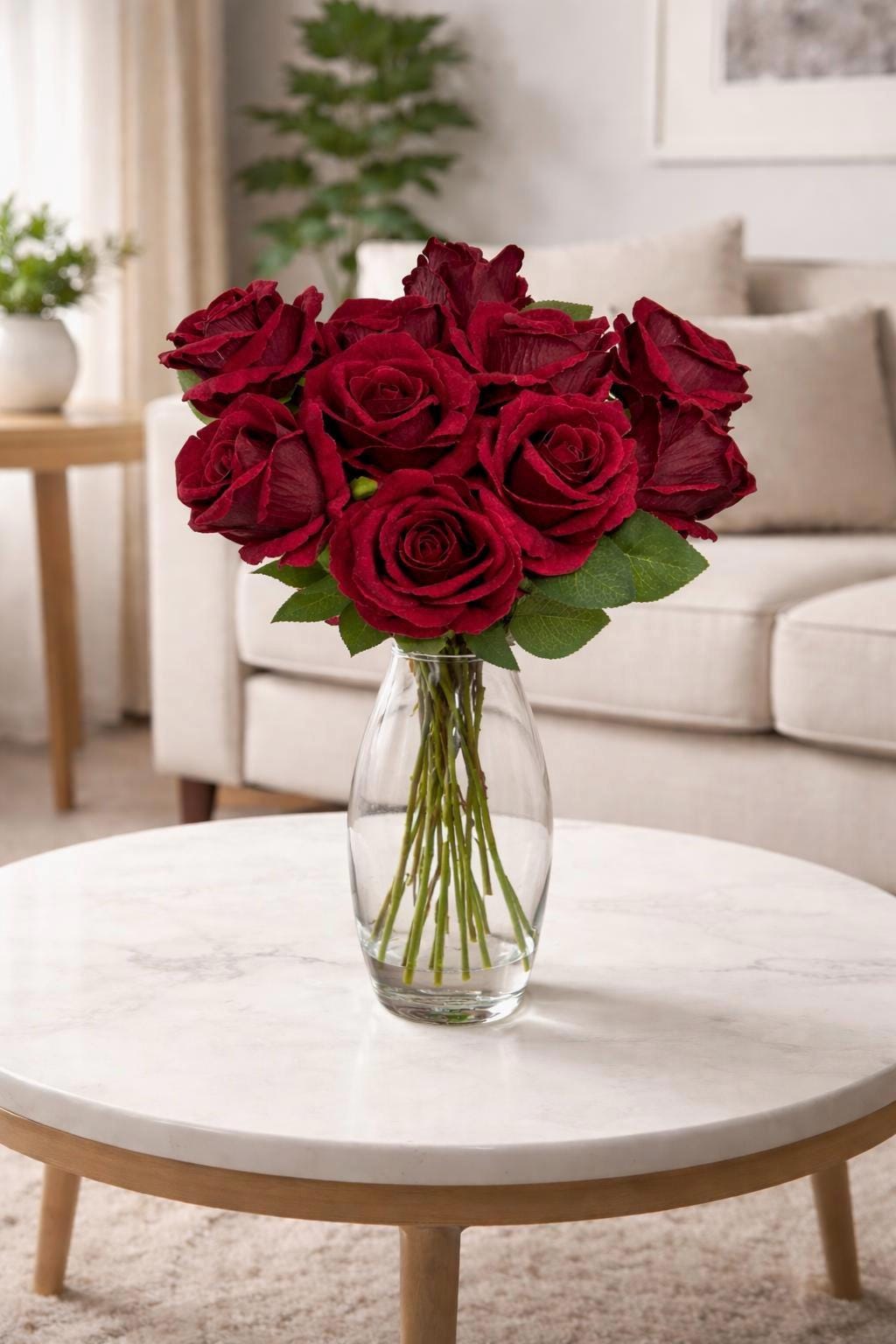 Burgundy Artificial Rose, Wedding Realistic Dark Red Velvet Rose Heads with Stem Leaves, Craft Supplies Flowers Faux