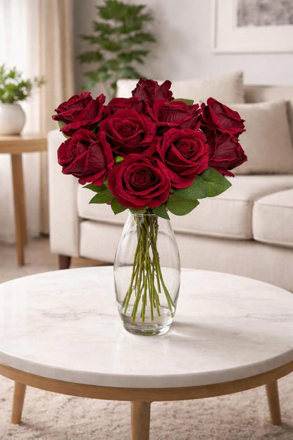 Burgundy Artificial Rose, Wedding Realistic Dark Red Velvet Rose Heads with Stem Leaves, Craft Supplies Flowers Faux