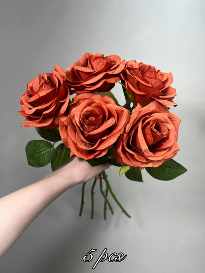 Burnt Orange Artificial Flowers Head Rose Terracotta Rust High Quality Wedding Fake Roses Stem Home Decor Silk Bridal Accessories Decorative