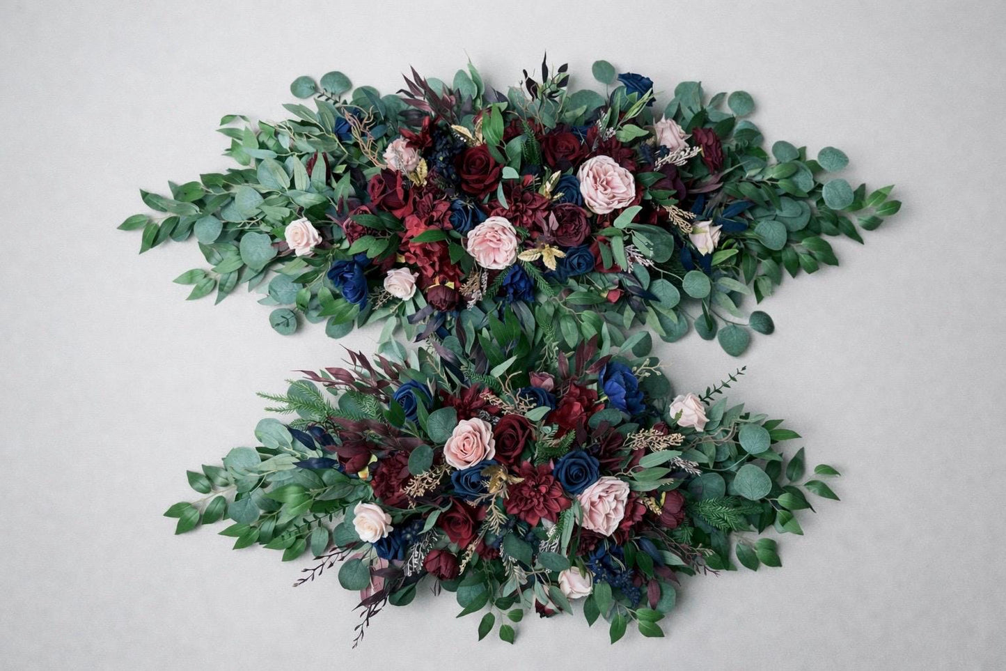 Burgundy Navy Blue Blush Arch Arrangements, Wedding Rustic Blue Dark Red Arbor Arrangement Ties