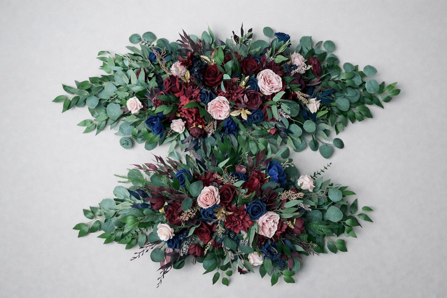 Burgundy Navy Blue Blush Arch Arrangements, Wedding Rustic Blue Dark Red Arbor Arrangement Ties