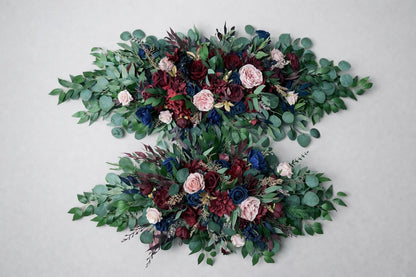 Burgundy Navy Blue Blush Arch Arrangements, Wedding Rustic Blue Dark Red Arbor Arrangement Ties