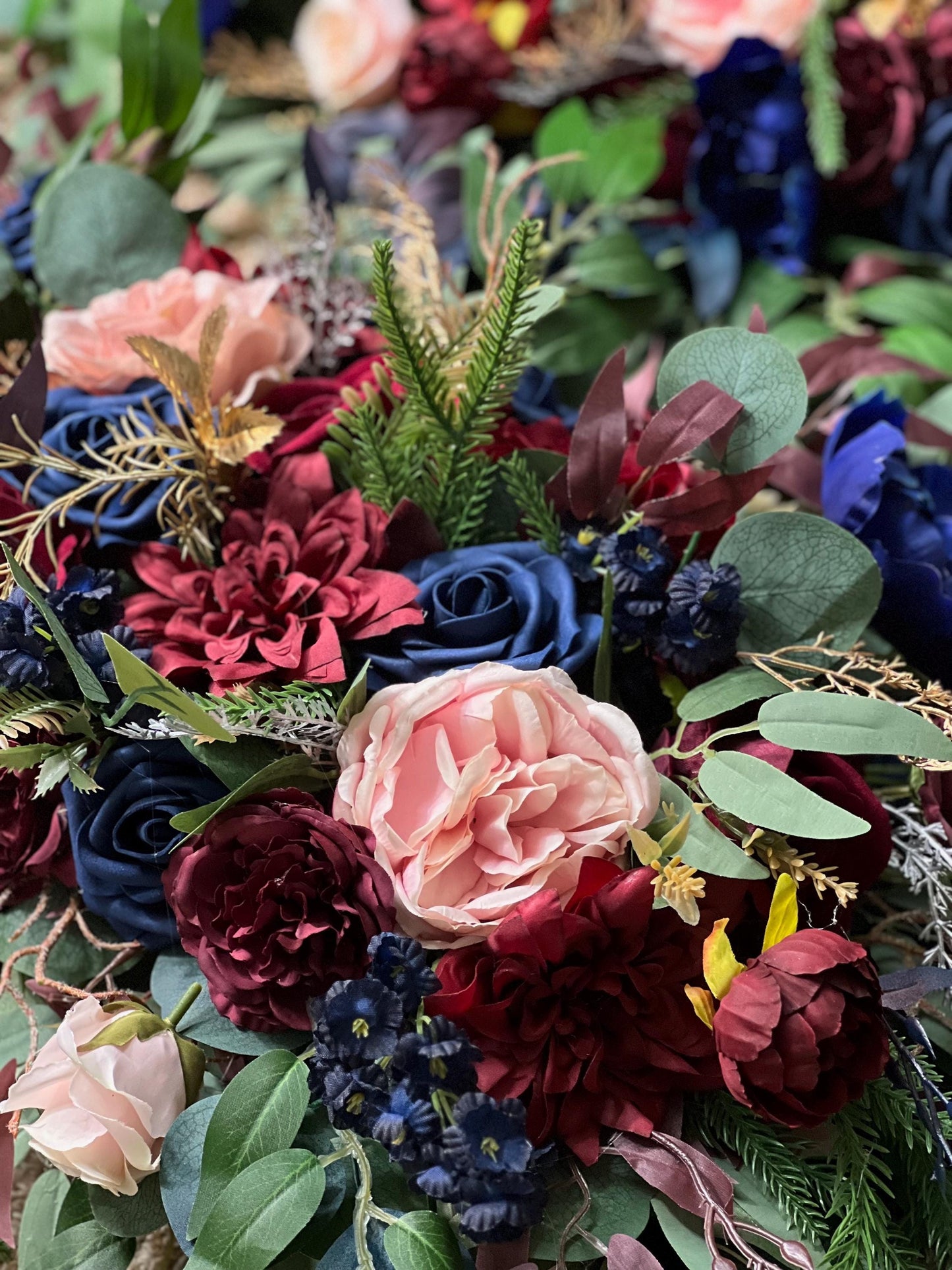 Burgundy Navy Blue Blush Arch Arrangements, Wedding Rustic Blue Dark Red Arbor Arrangement Ties